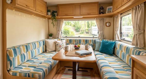 Sittgrupp i husbilen med nyklädda kuddar, ljus och inbjudande interiör